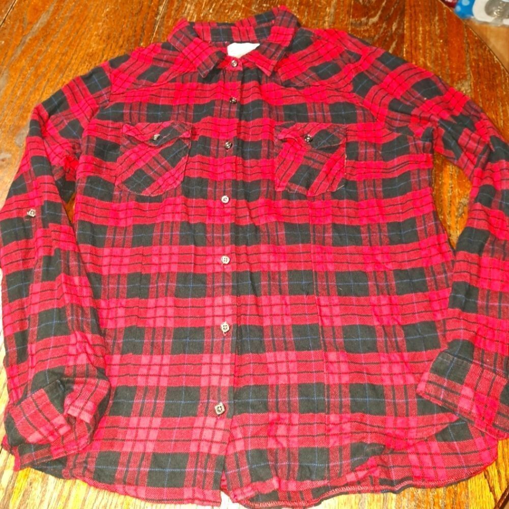 Large Overdrive Red Black Blue Long Sleeve Button Front Cotton Flannel Shirt